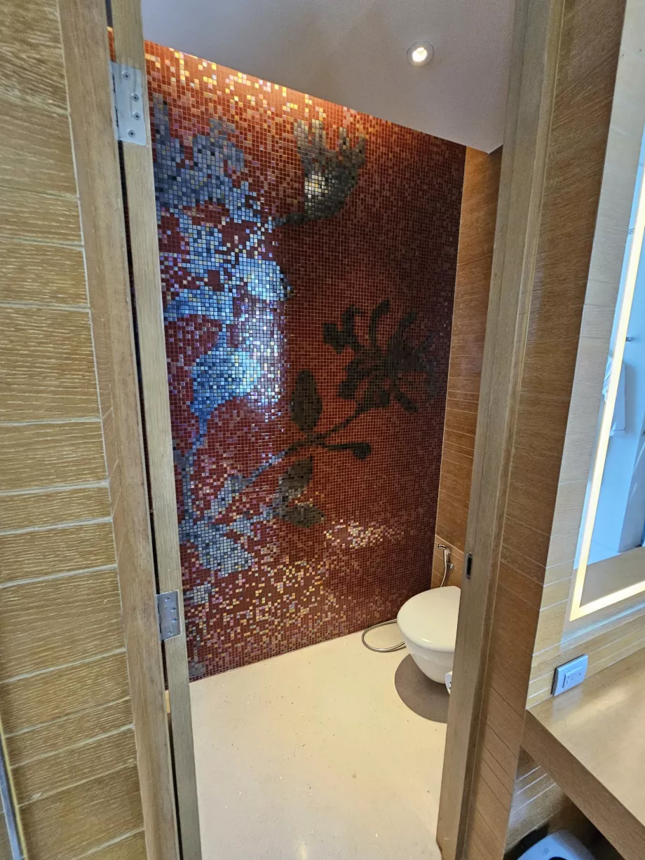 Toalett åtskild av en dörr från badrummet