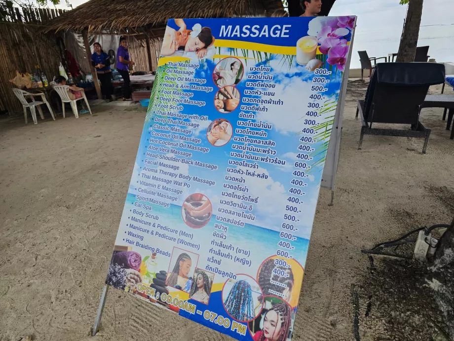 Prislista för massage på hotellets strand