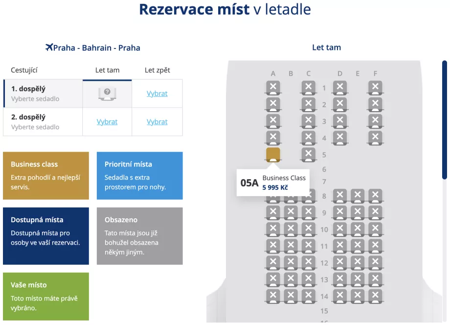 Val av platser i business class på planet