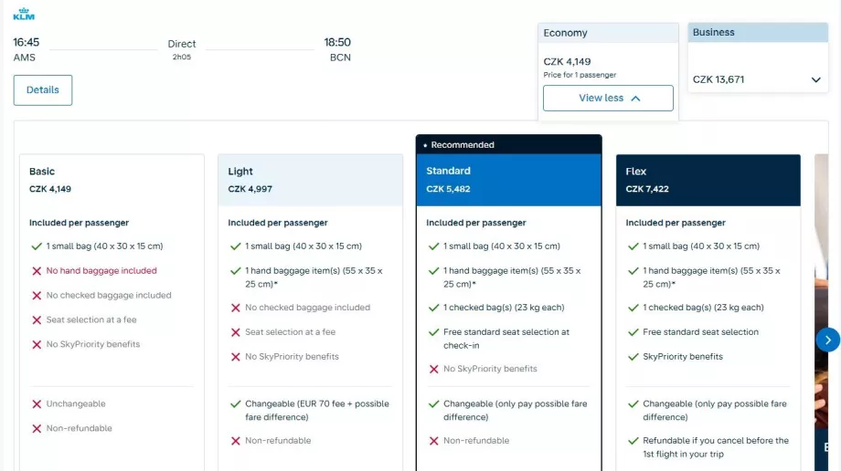 Air France-KLM: skärmdump av den nya biljettpriset