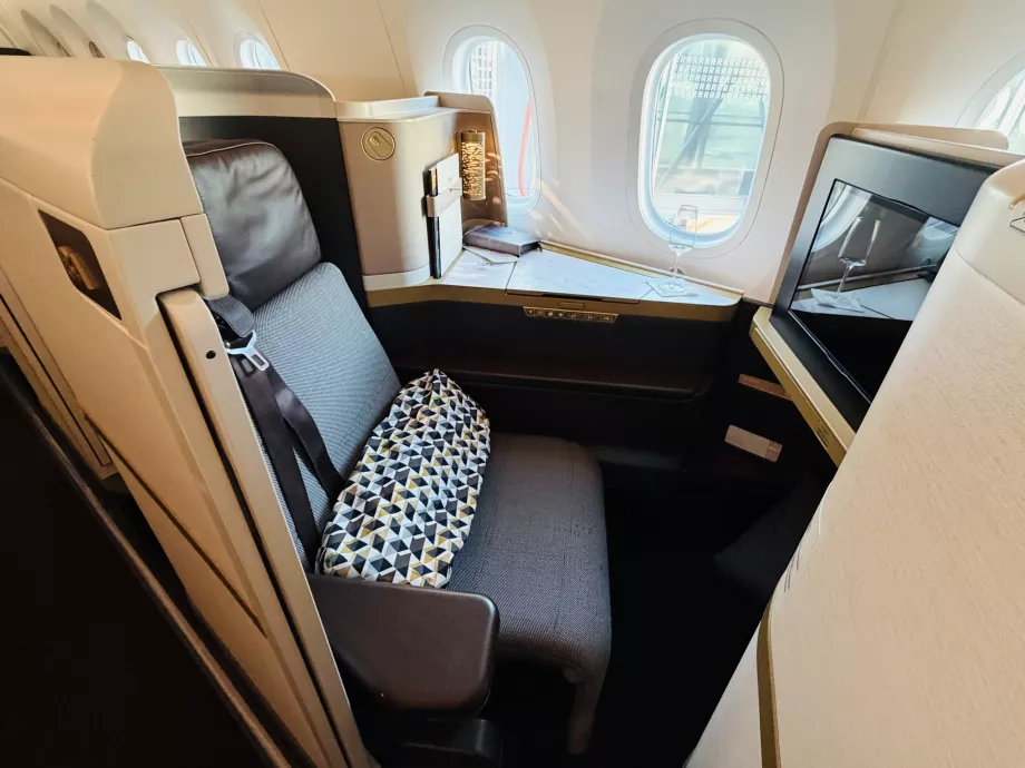 Detalj av Etihad B789 business class-säte med dörr