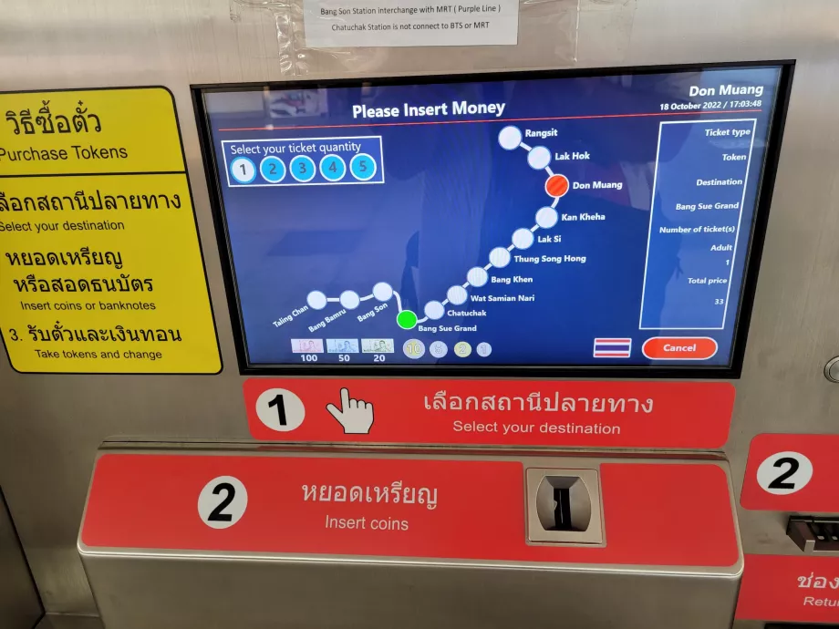 Detaljer om biljettval (Bang Sue är flygplatslinjens slutstation)