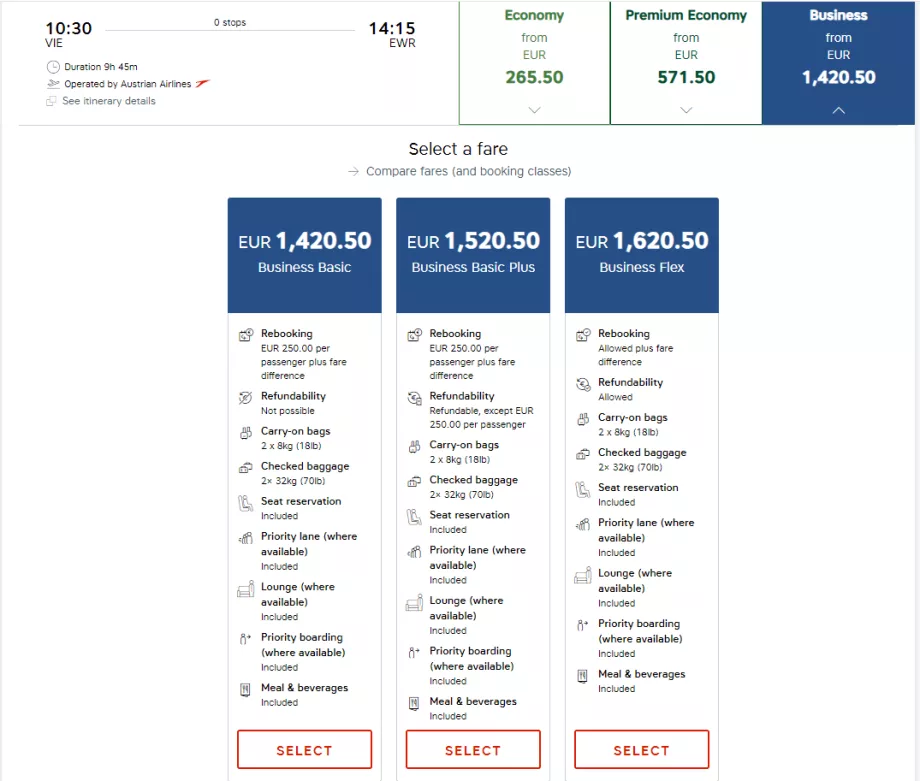 Priser för business class