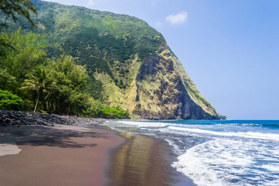 Svart sandstrand i Waipio