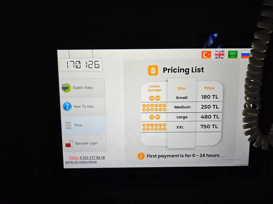 Prislista för bagageförvaring