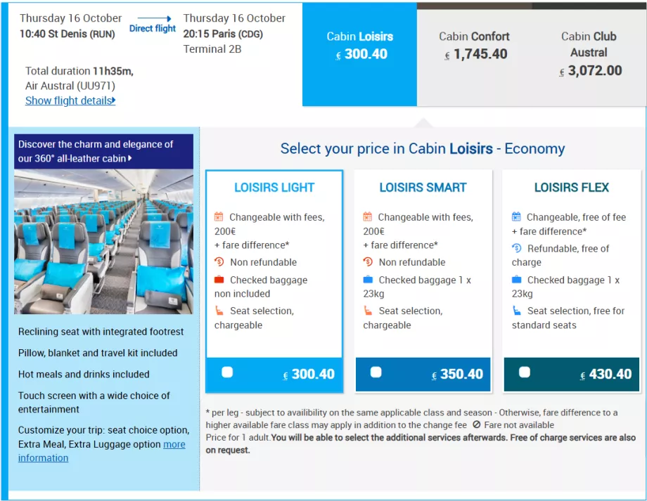 Air Austral biljettklasser