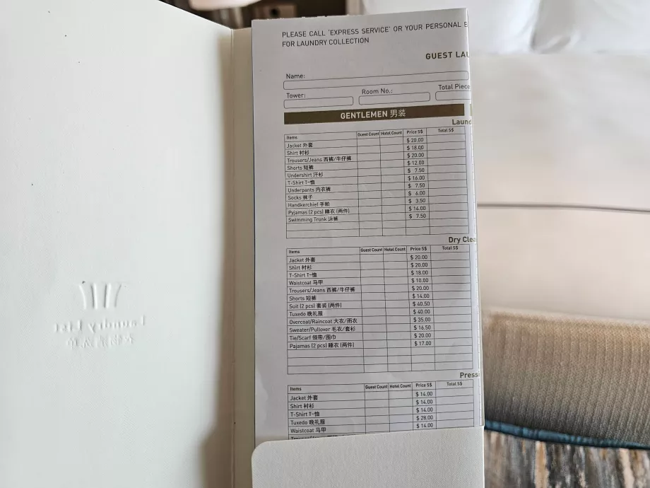 Prislista för tvätt