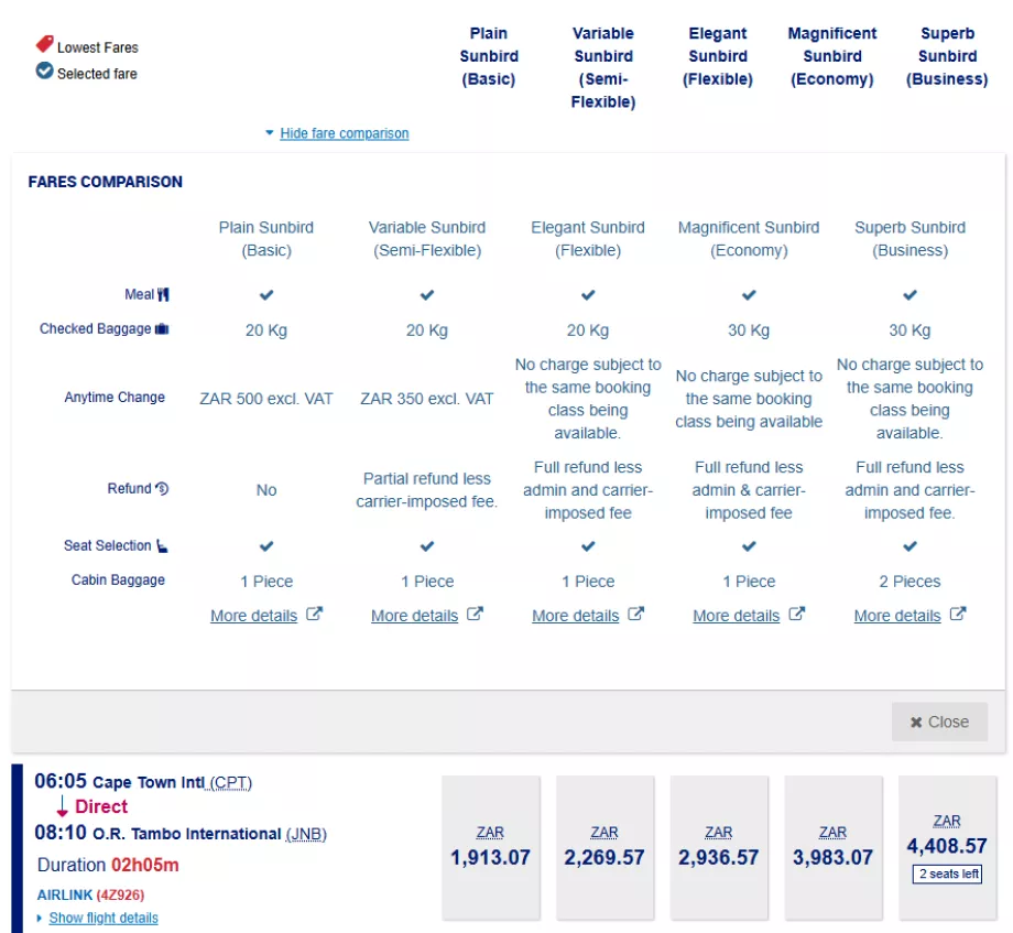 Airlinks tariffklasser