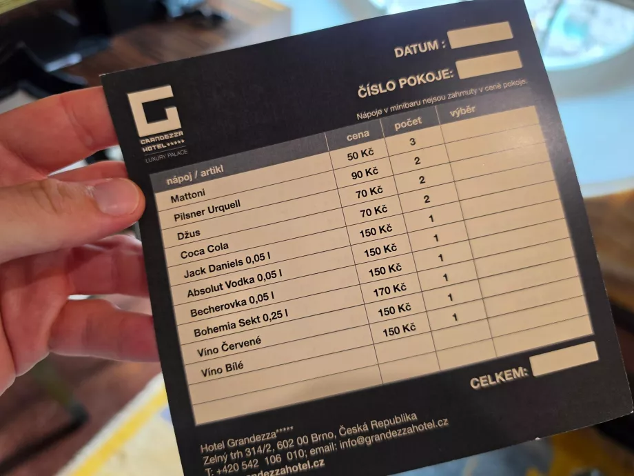 Prislista för minibar (samma för alla rumstyper)