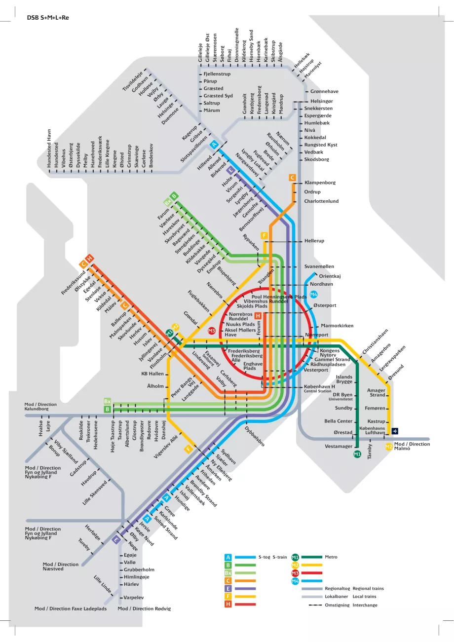 Karta över tunnelbana och tåg i Köpenhamn
