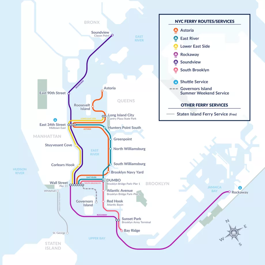 Karta över båtförbindelser på Manhattan