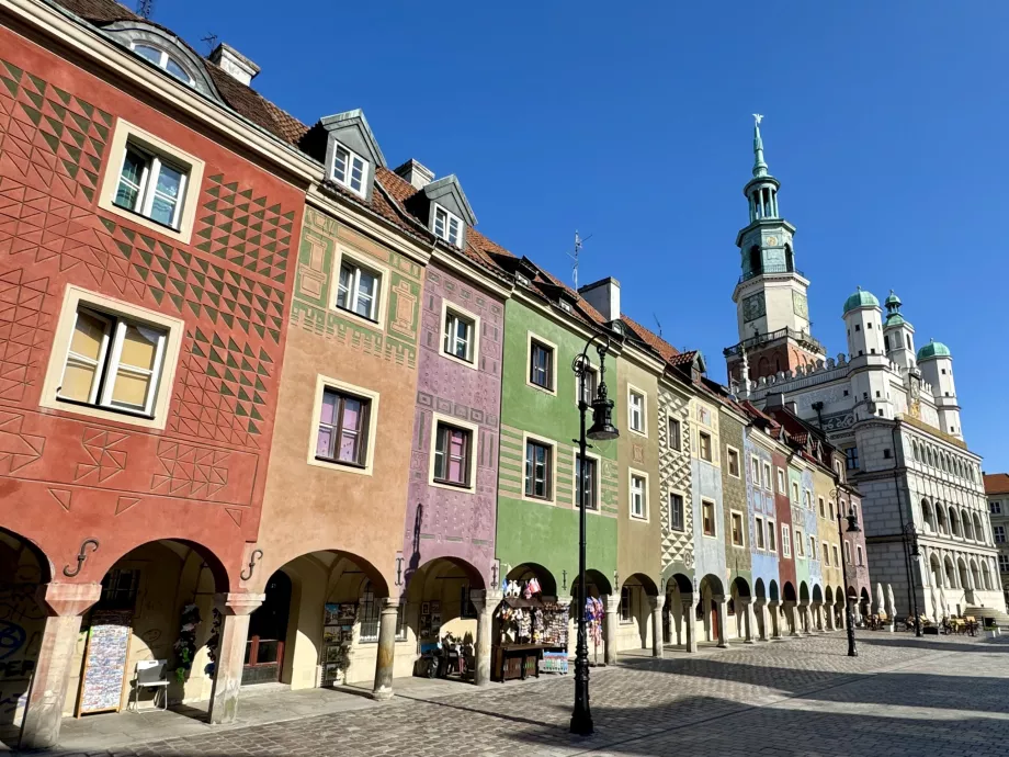 Färgglada hus och rådhuset på Stary Rynek i Poznan