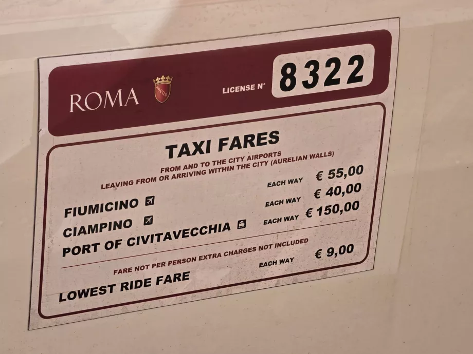 Officiella taxipriser i Rom