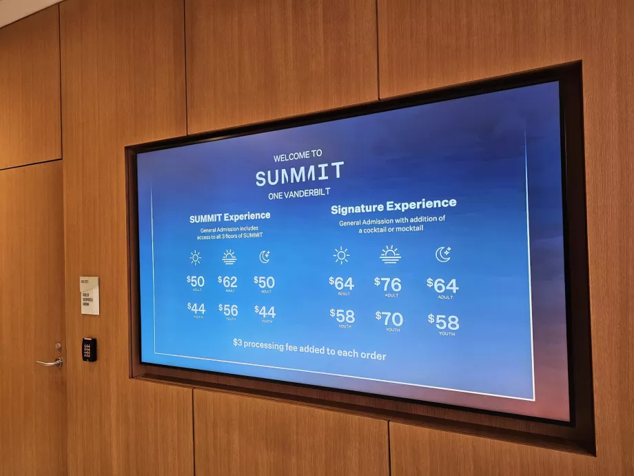 Summit One Vanderbilt, prislista