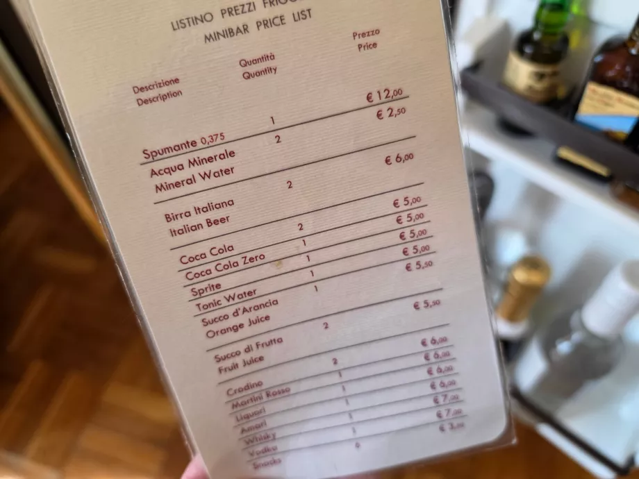 Prislista för minibar