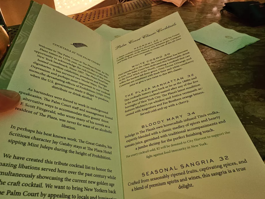 Cocktailmeny på Palm Court Restaurant