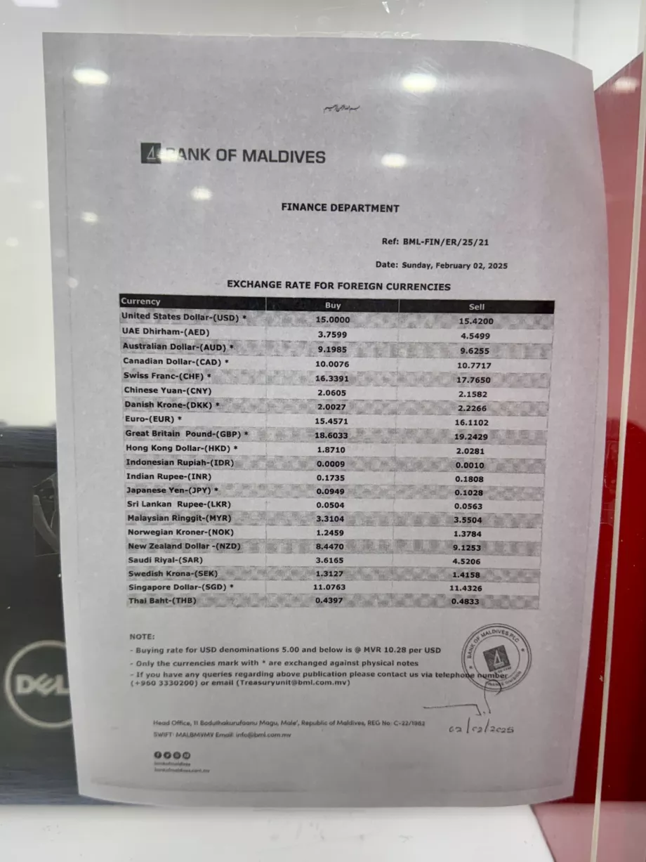 Växelkurs biljett Bank of Maldives Malé MLE