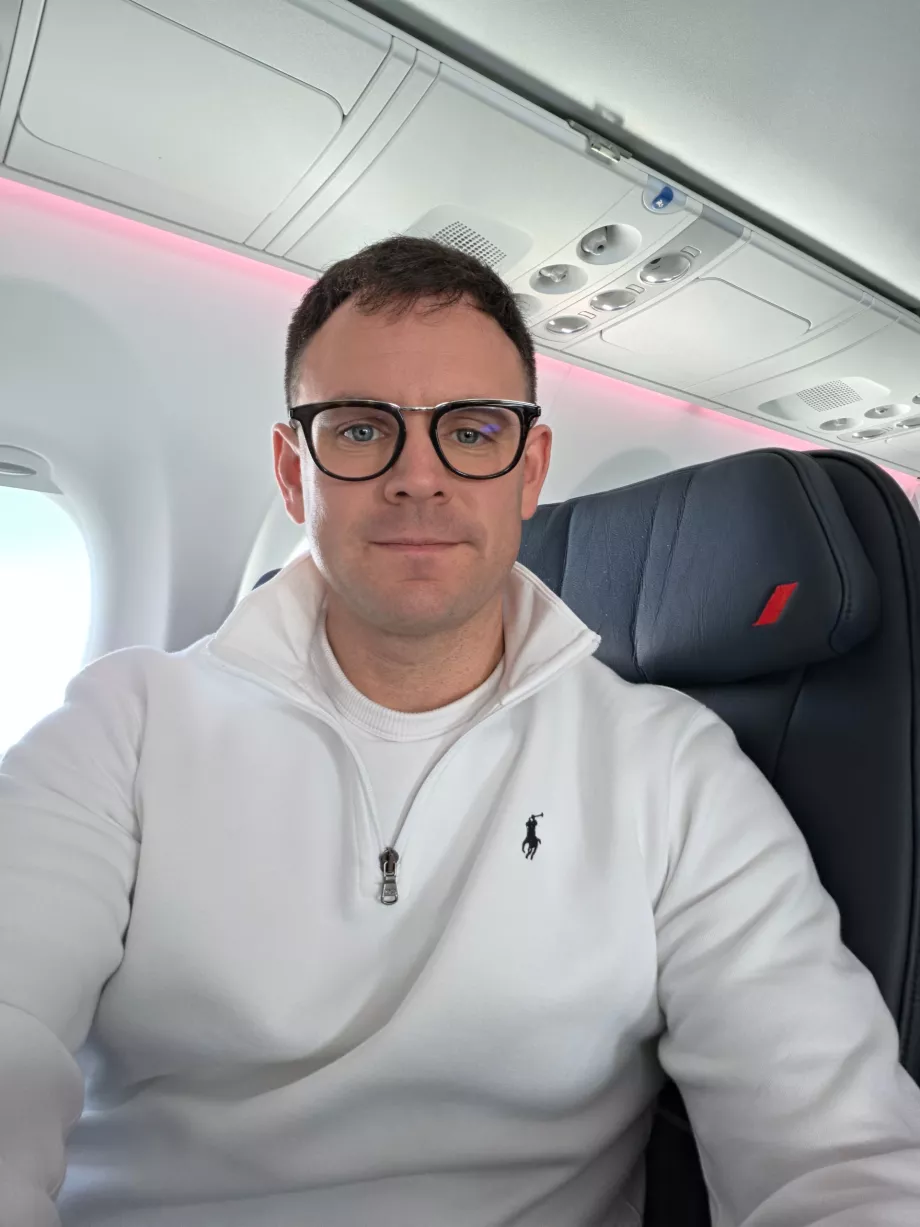 Jag i businessklass på en Airbus A220