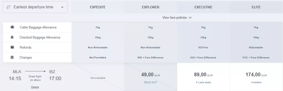 Exempel på Universal Air-biljettklasser - skärmdump från webbplatsen