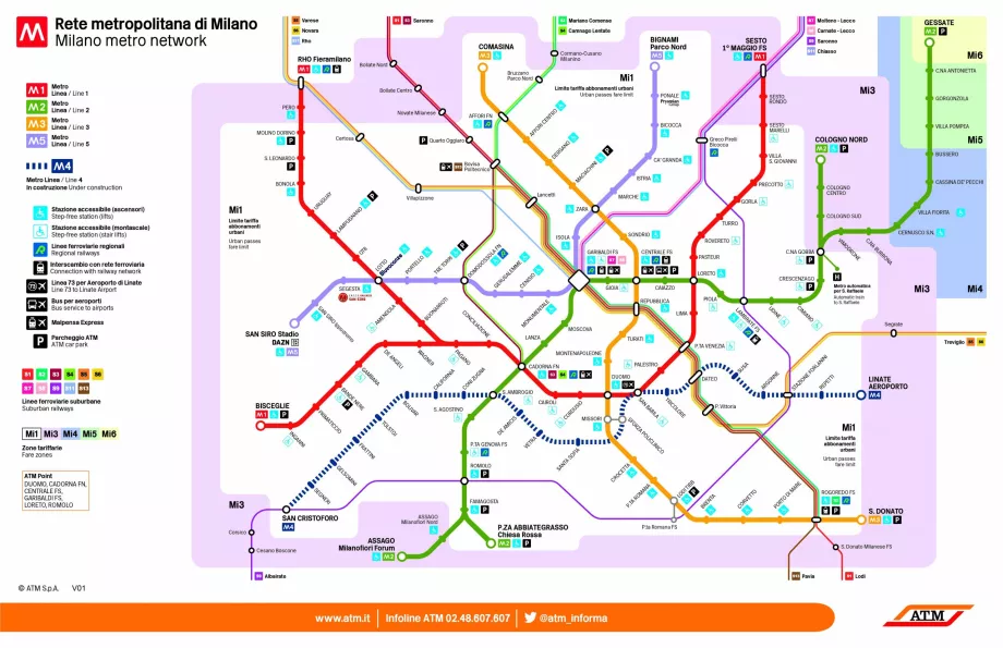 Karta över tunnelbana och S-tåg i Milano